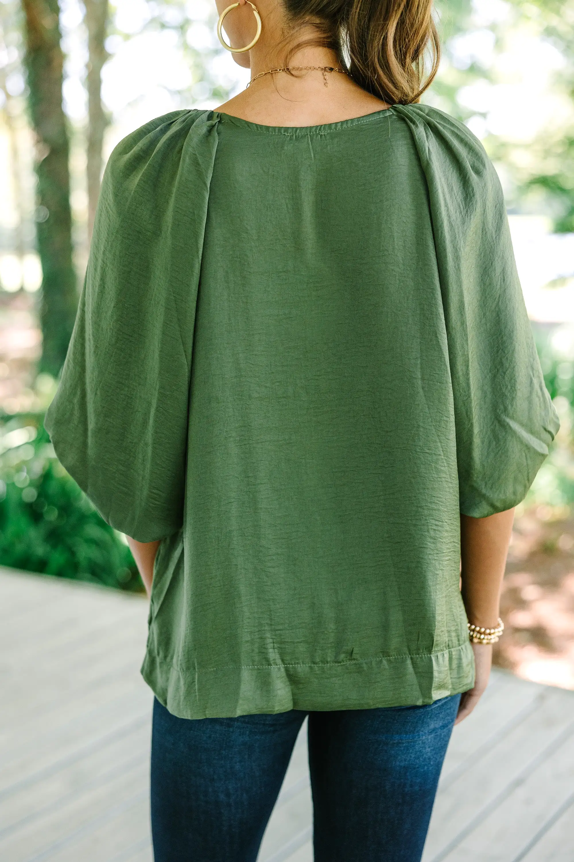 Point It Out Olive Green Satin Blouse