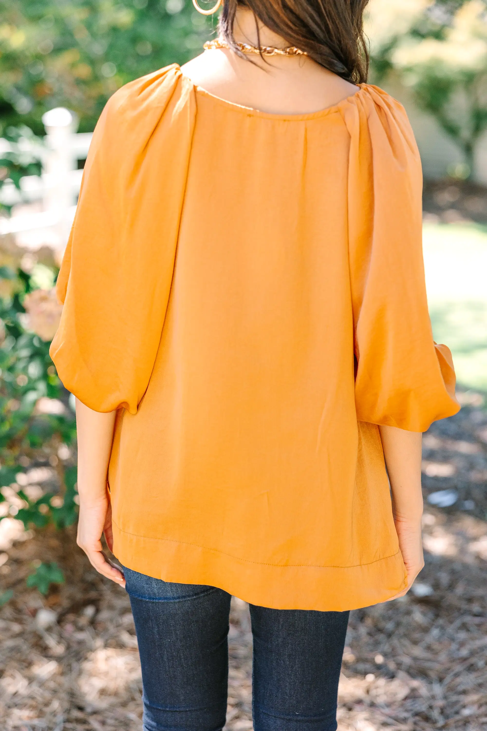 Point It Out Rust Orange Satin Blouse