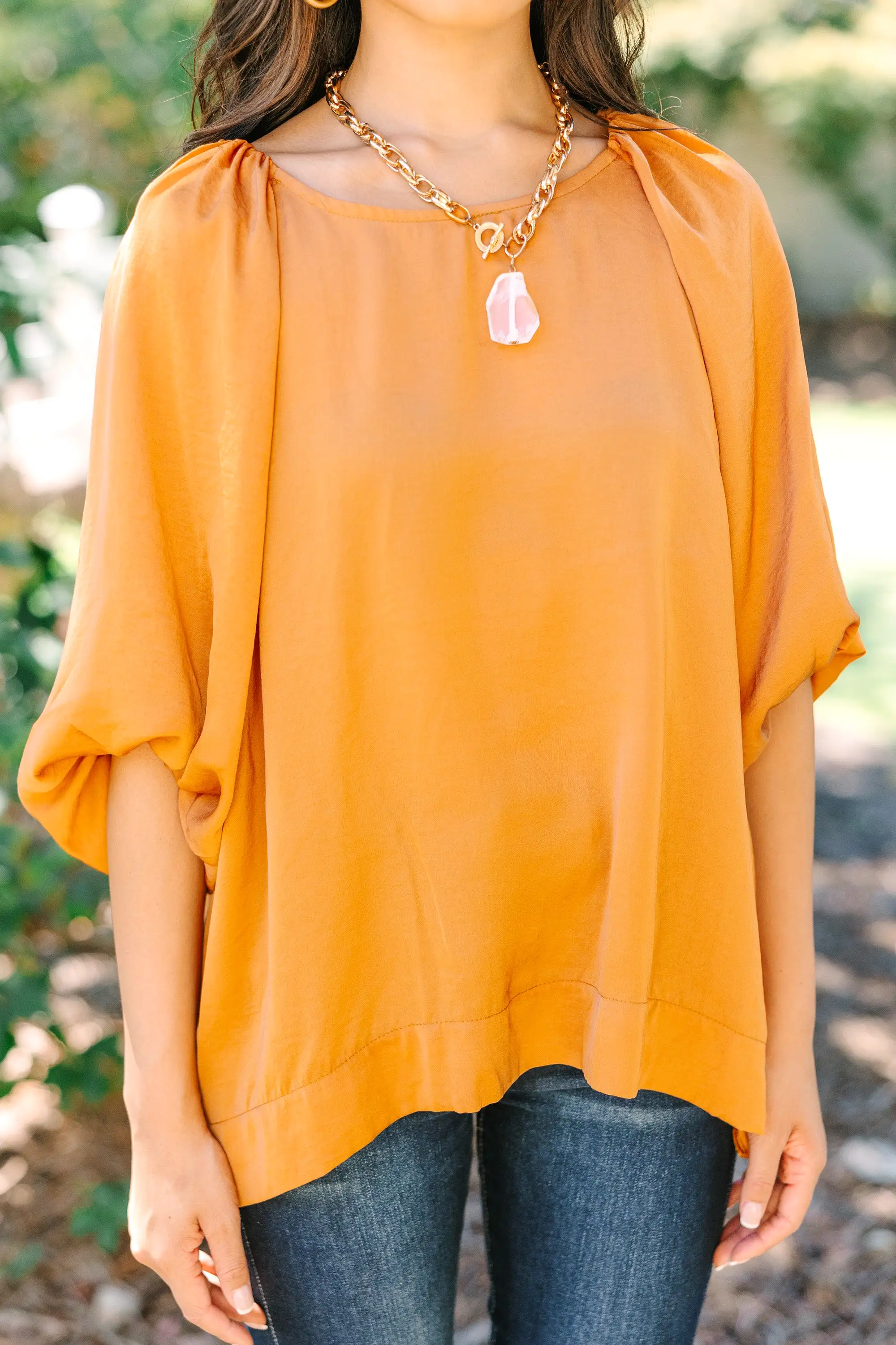 Point It Out Rust Orange Satin Blouse