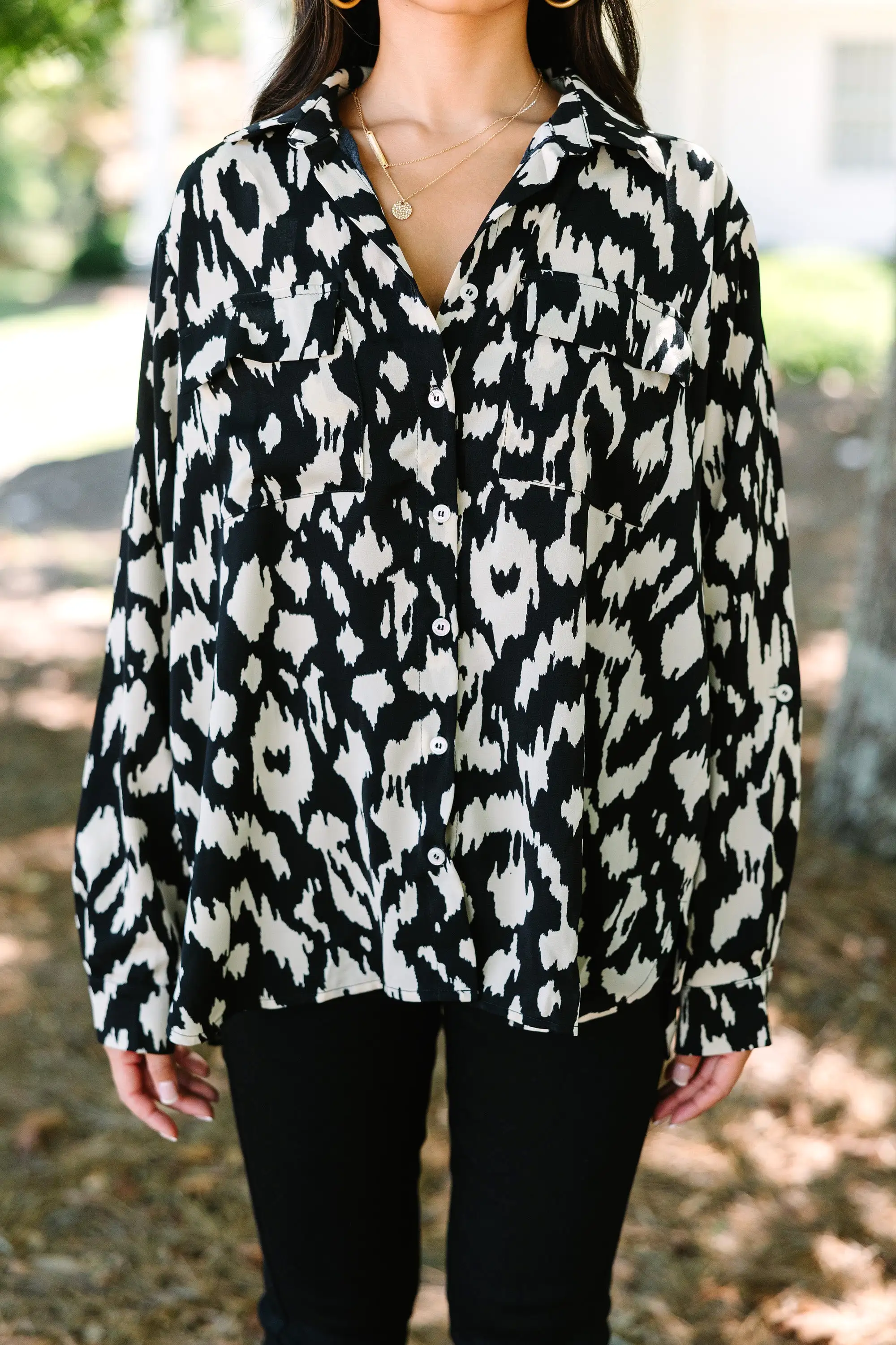 See The Light Black Animal Print Blouse