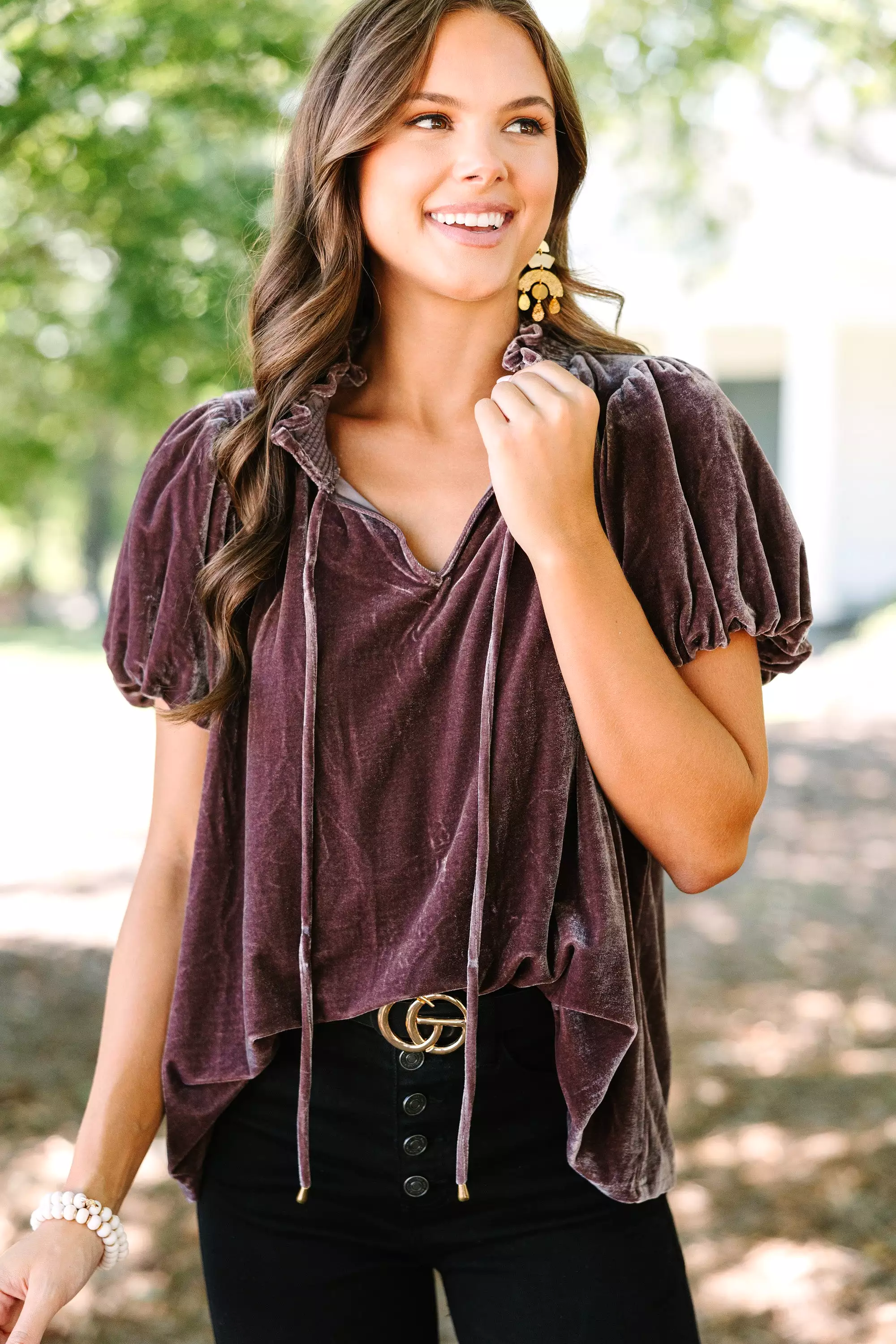 Show Your Hand Mocha Brown Velvet Blouse