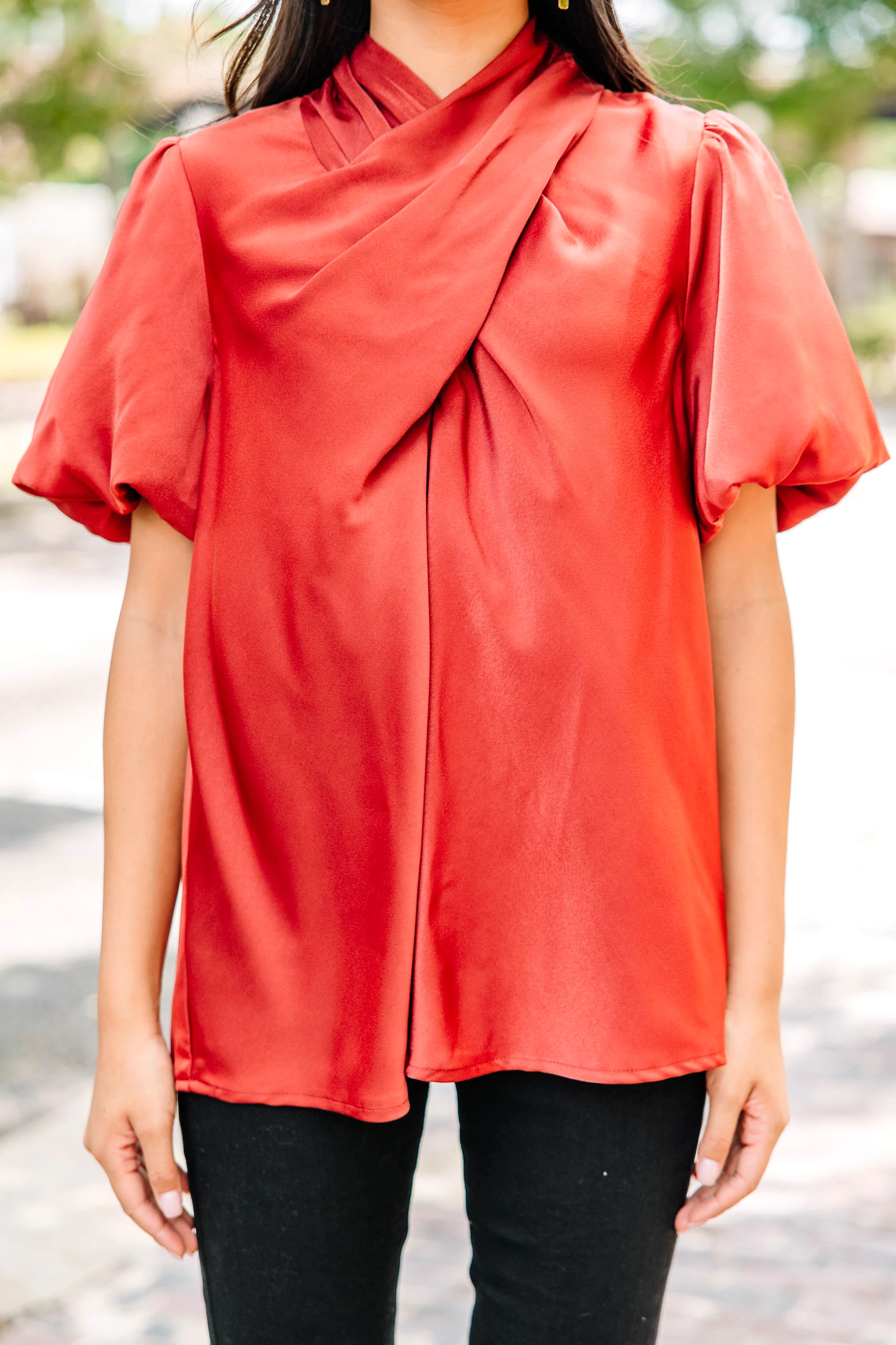 Tell Me More Cinnamon Orange Satin Blouse