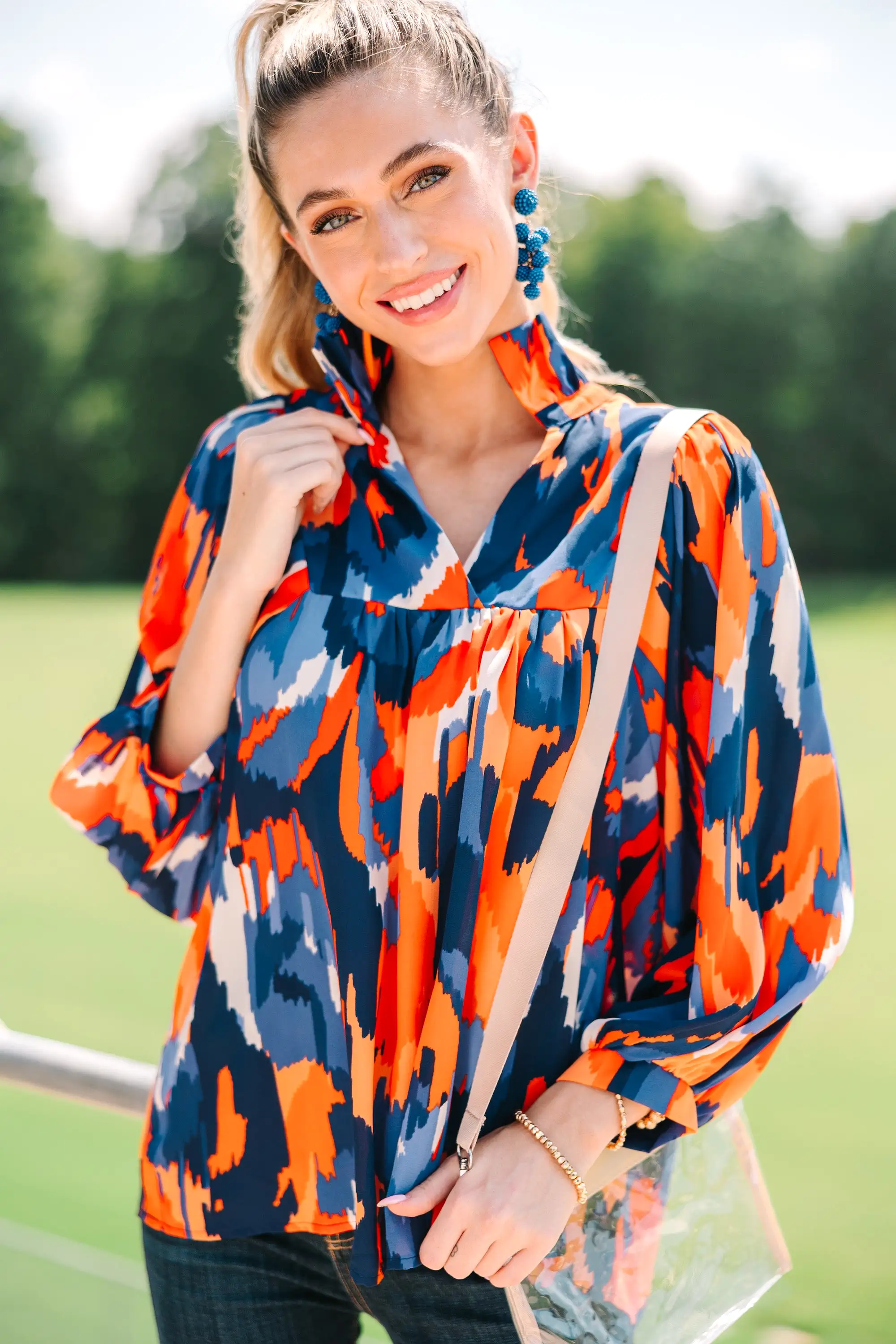 The Morgan Orange And Blue Abstract Blouse