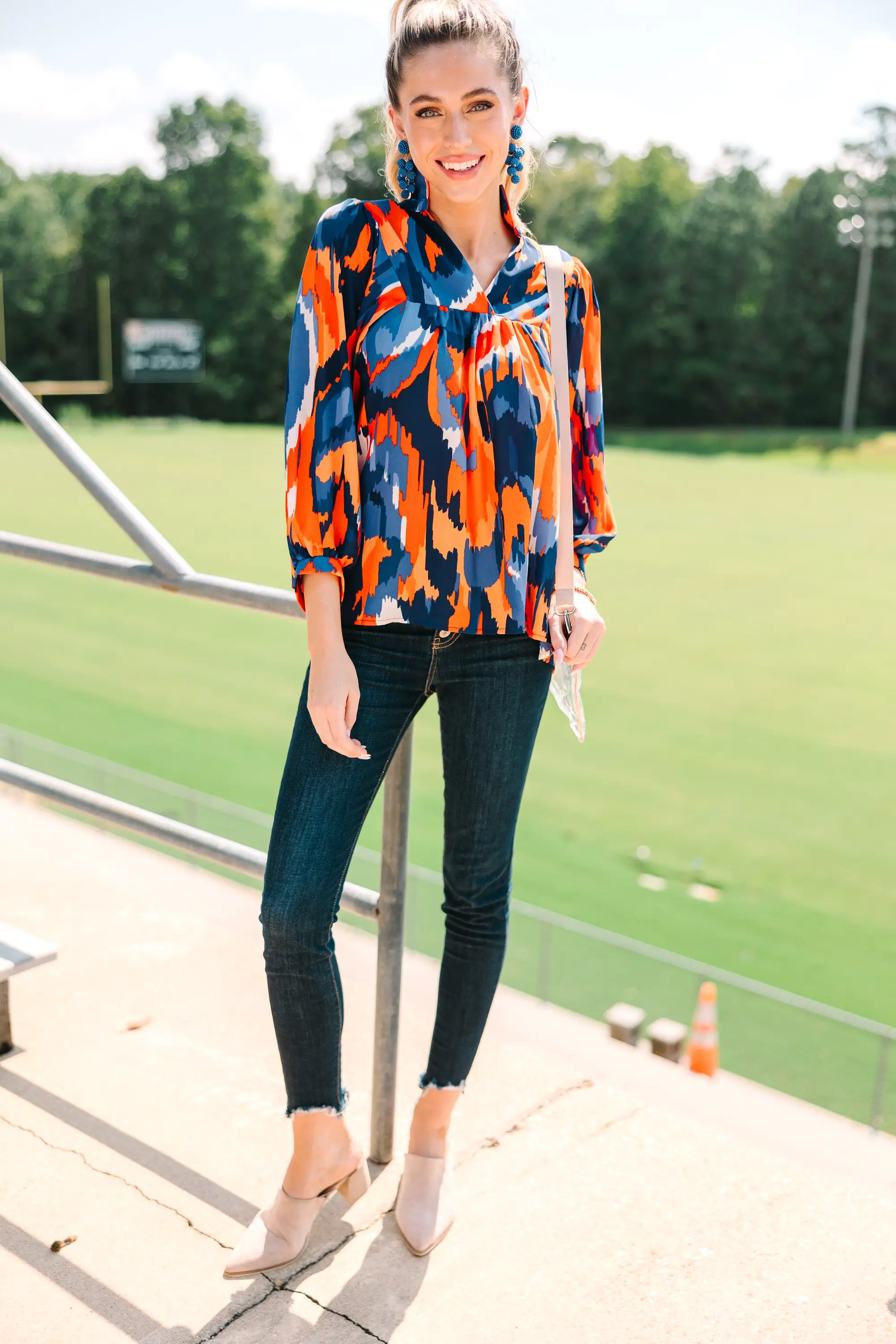 The Morgan Orange And Blue Abstract Blouse