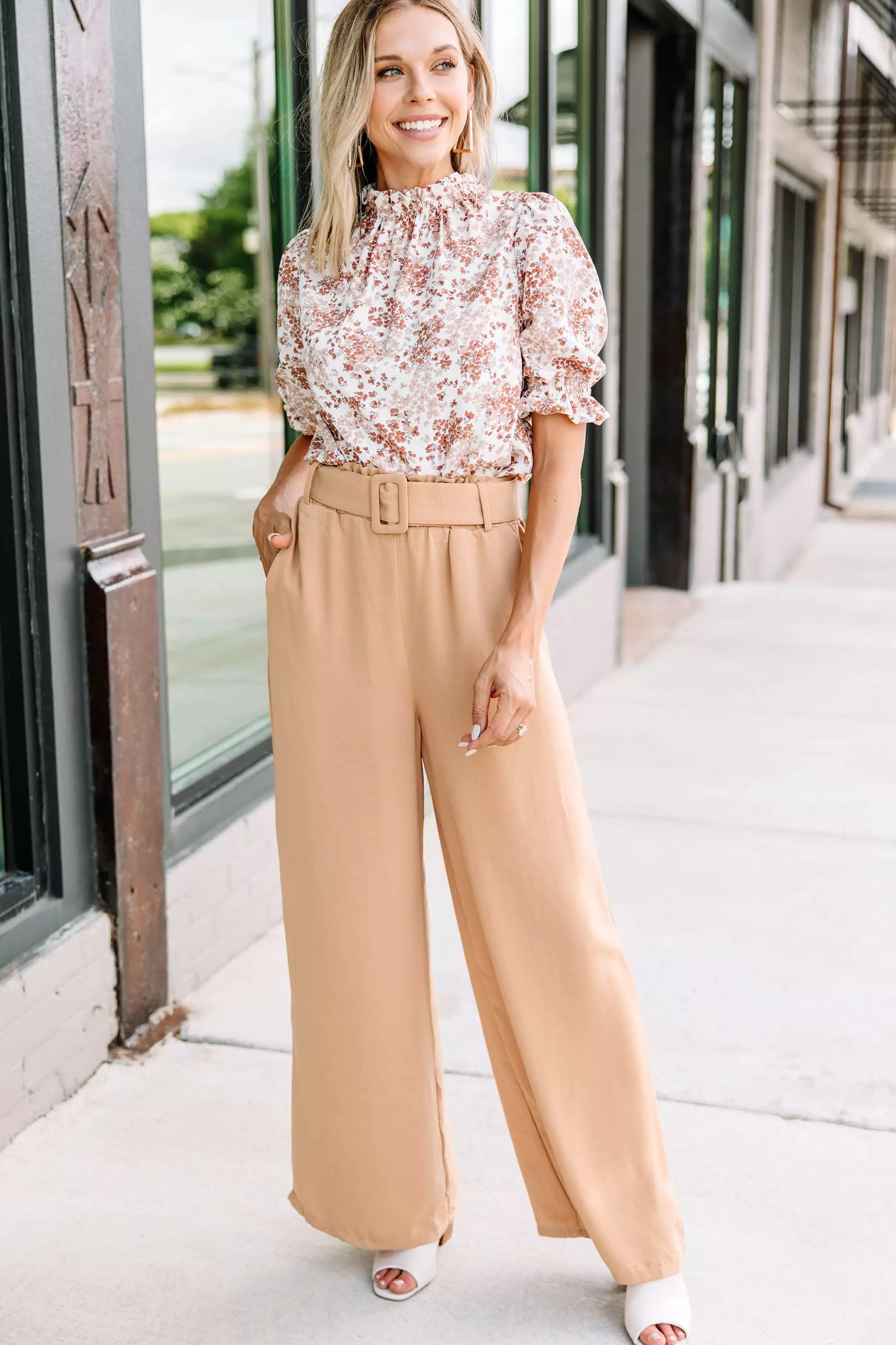 This Is The Time Caramel Brown Ditsy Floral Blouse