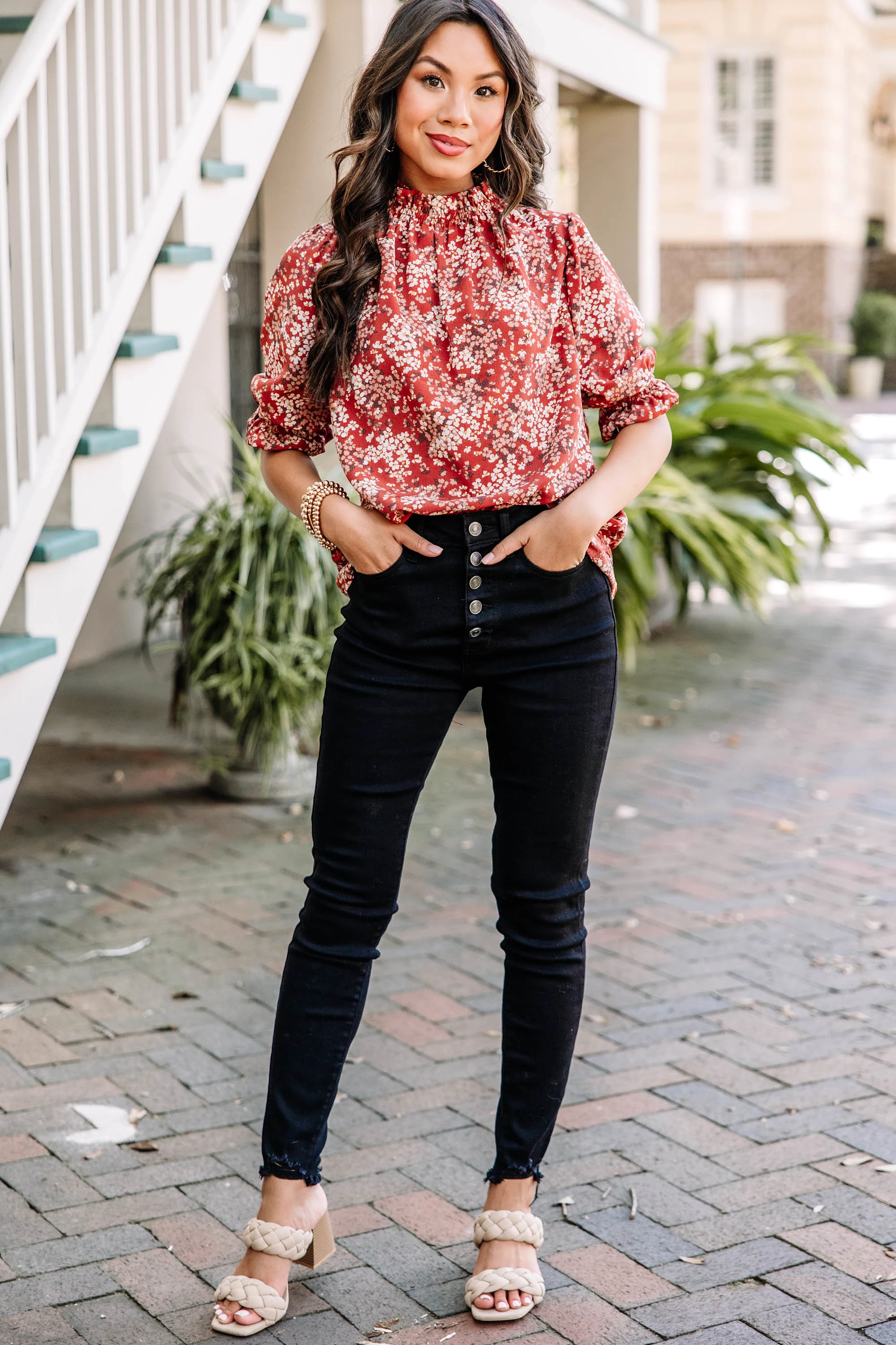 This Is The Time Marsala Red Ditsy Floral Blouse