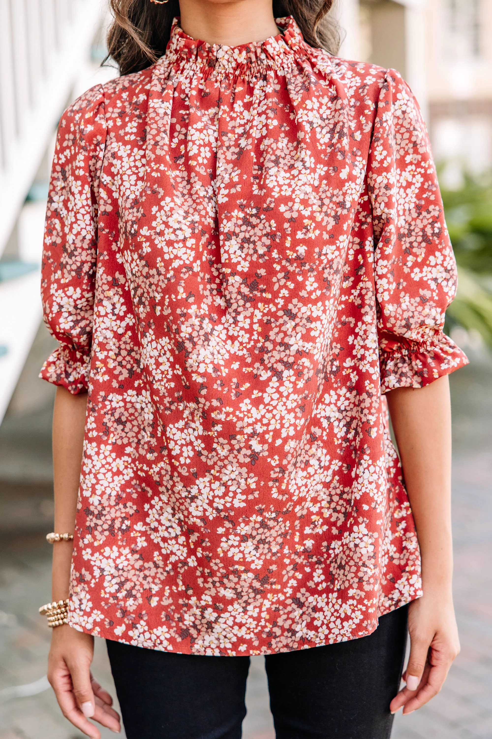 This Is The Time Marsala Red Ditsy Floral Blouse