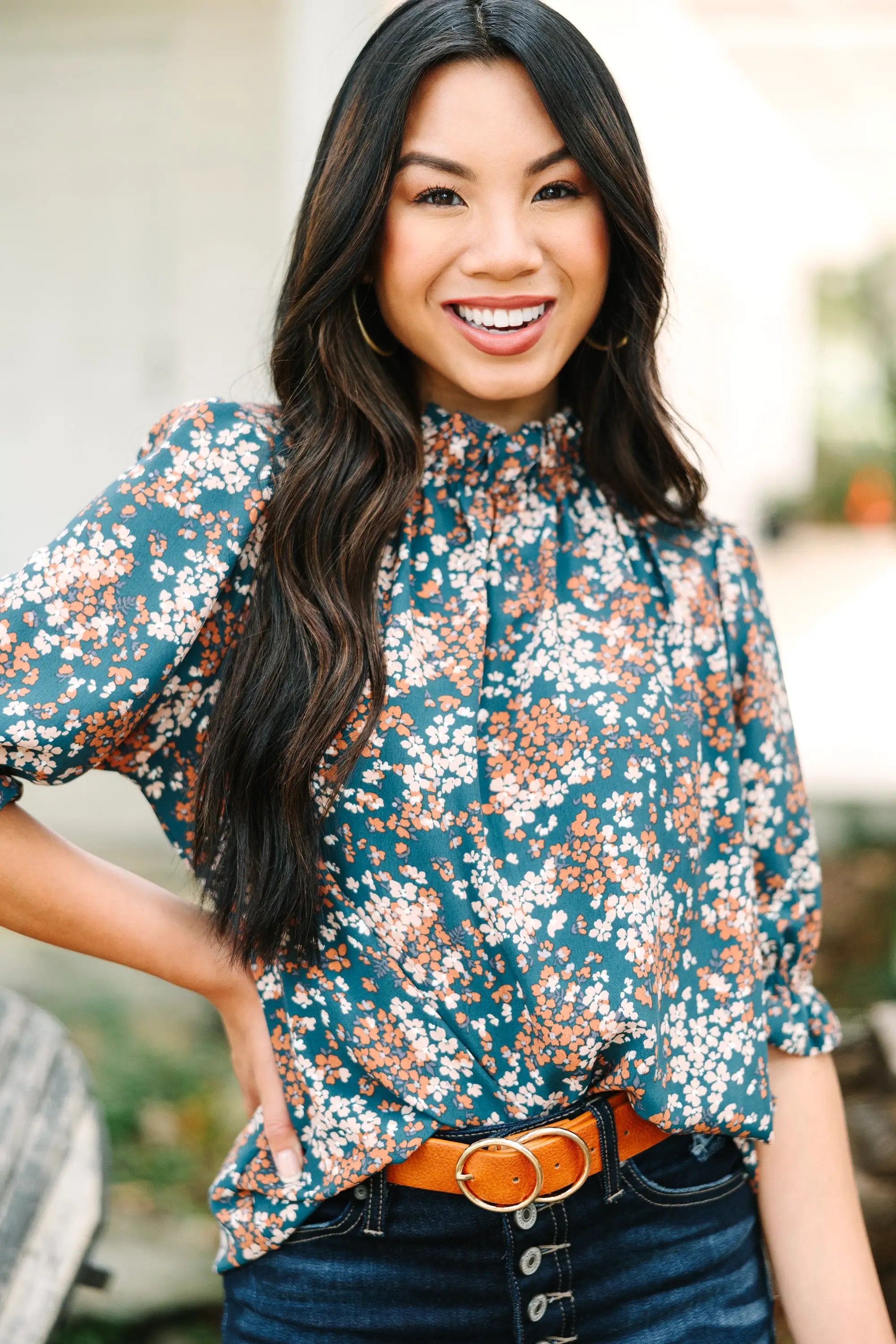 This Is The Time Teal Blue Ditsy Floral Blouse