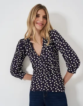 Women's 3/4 Sleeve Wrap Top - Navy Polka Dot from Crew Clothing Company